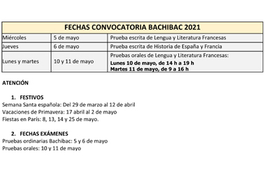 Calendario de fechas de convocatorias BachiBac 2021
